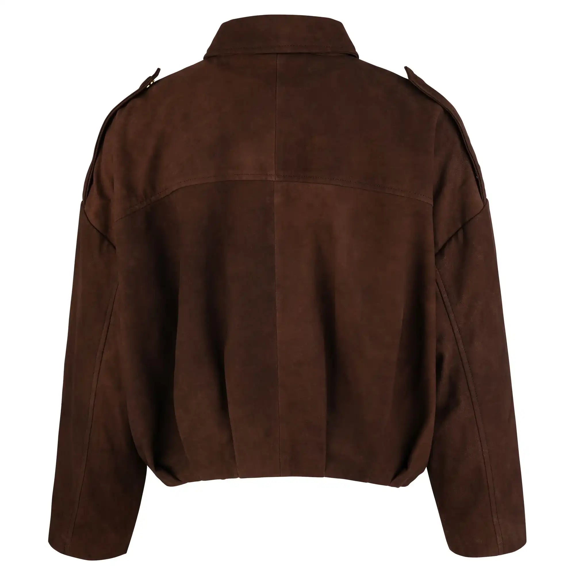 Die trueprodigy Feminine Lederjacke mit Hemdkragen zeigt sich in Braun, mit Raffung am Saum, langen Ärmeln und entspanntem Schnitt - Rückansicht für Damen.