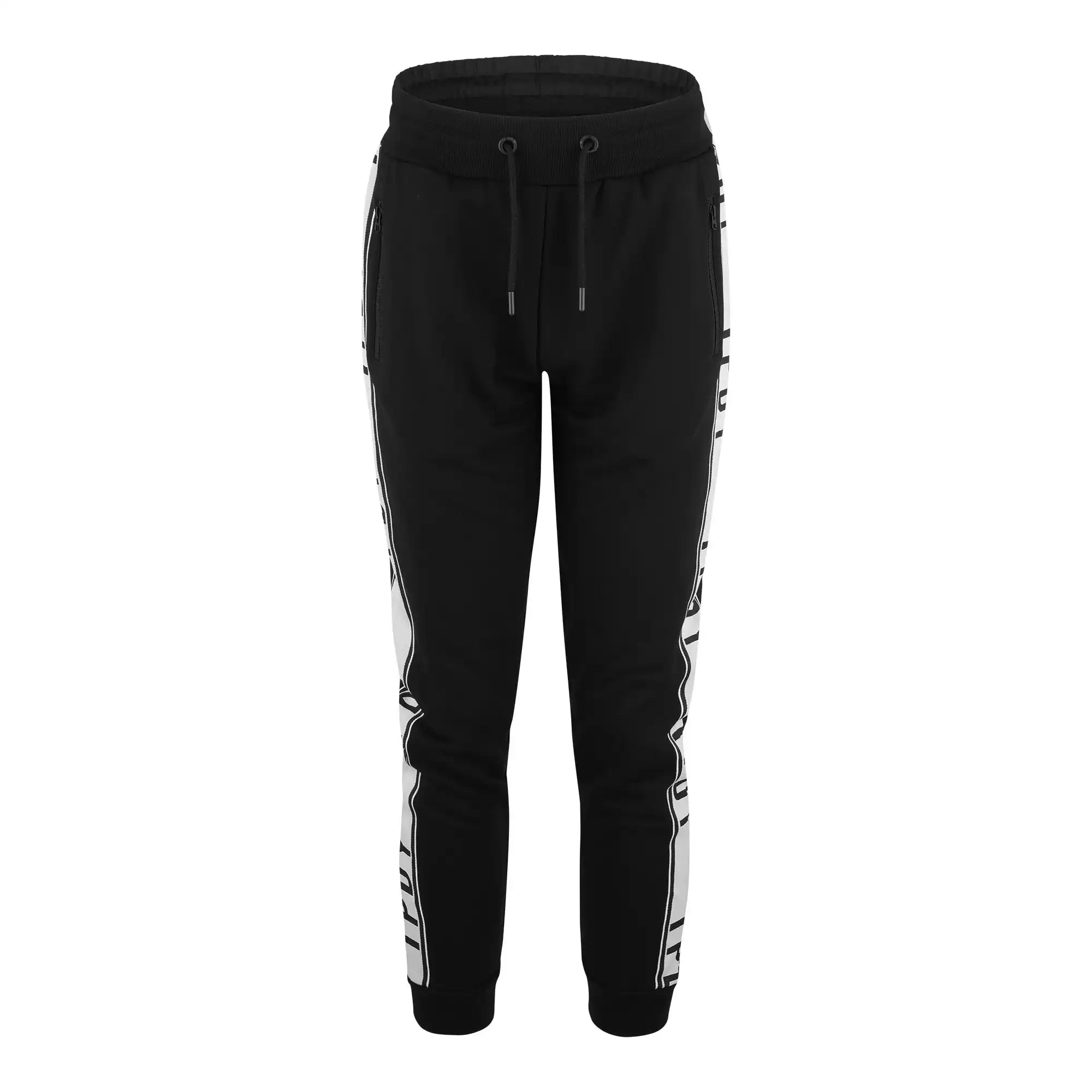 Die Weston Sweathose mit Logoschrift von trueprodigy ist eine schwarze Regular Fit Jogginghose mit elastischem Bund, Kordelzug, stilvollen Kontraststreifen mit schwarzem Text und gerippten Bündchen für einen modernen, schmal zulaufenden Look.