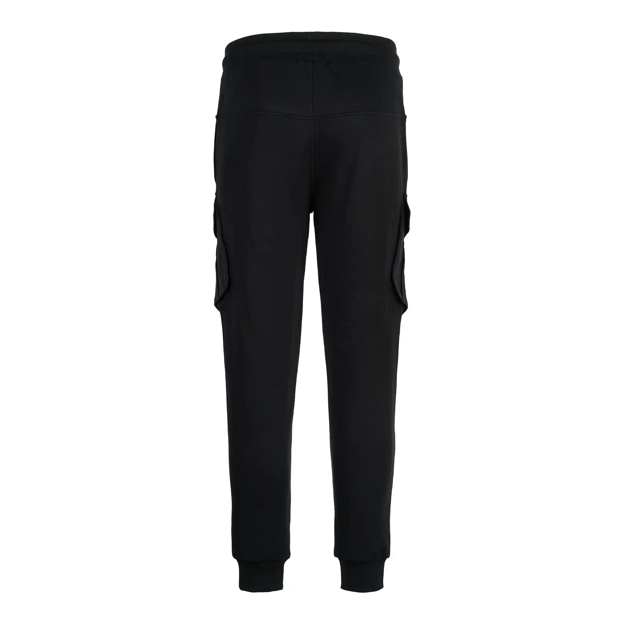 Die Stan Sweathose mit Cargotaschen von trueprodigy ist eine schwarze Cargo-Jogginghose für Männer, hier von hinten. Sie hat eine normale Passform, einen elastischen Bund, seitliche Cargotaschen, gerippte Knöchelbündchen und einen weichen, leicht dehnbaren Stoff.