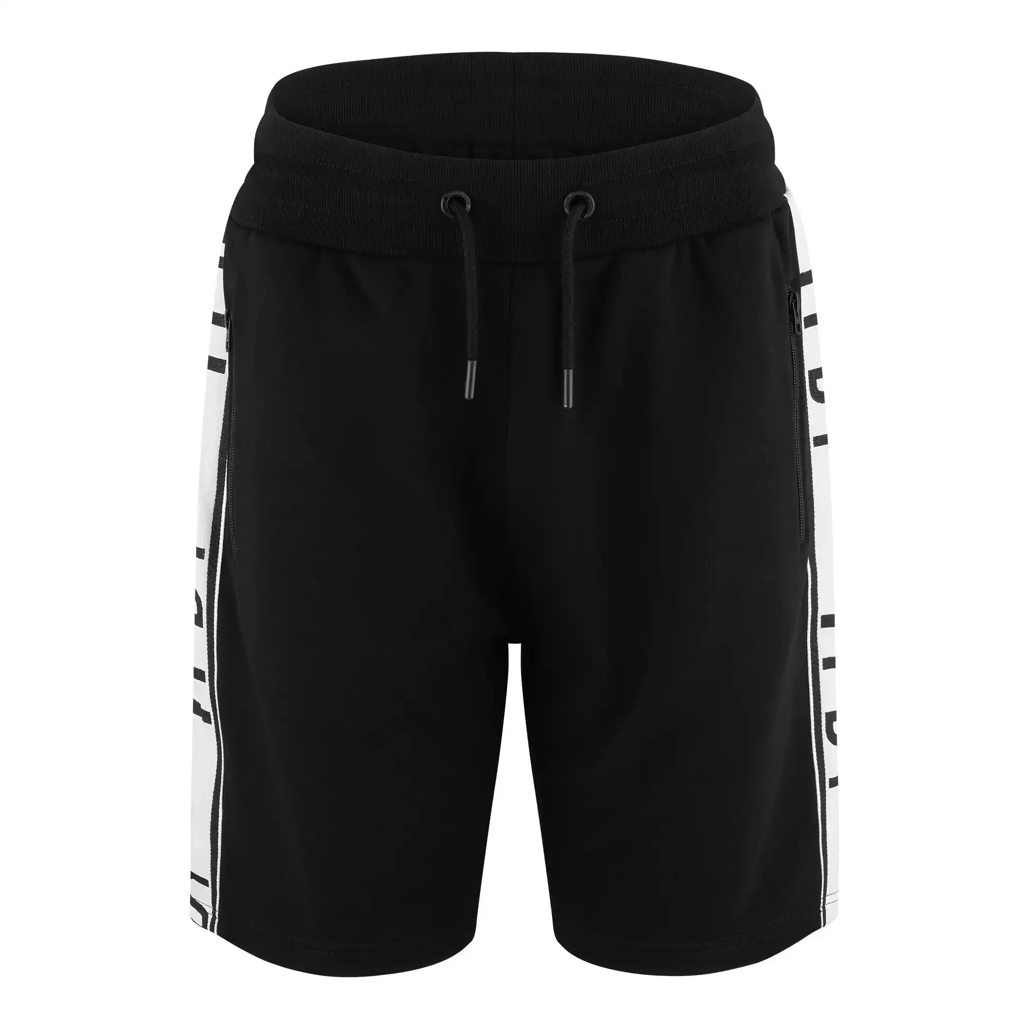 Die trueprodigy Benjamin Logo Short für Herren in Schwarz hat einen elastischen Bund, einen schwarzen Kordelzug und weiße Kontraststreifen mit teilweise sichtbarem schwarzen Text auf weißem Hintergrund.