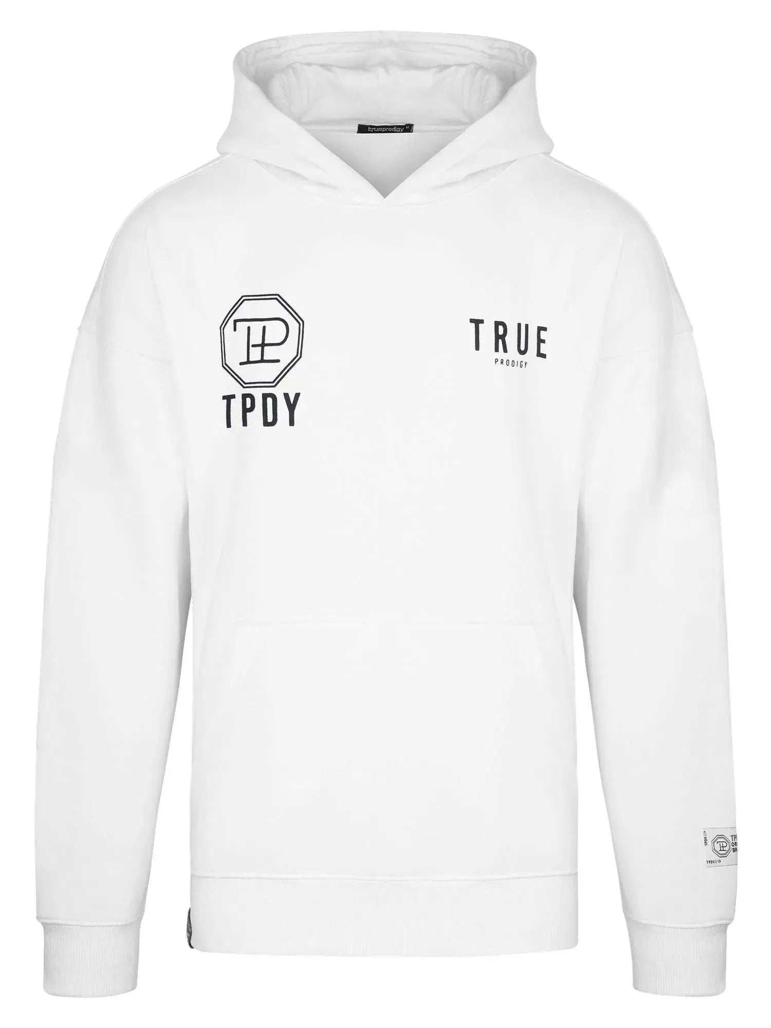 Der Trueprodigy Aaren Oversized Hoodie ist ein weißes Unisex-Sweatshirt mit schwarzem „TPDY“ und Logo auf der linken Brust, „TRUE“ auf der rechten Brust, einer großen Vordertasche und langen Ärmeln für Stil und Komfort.