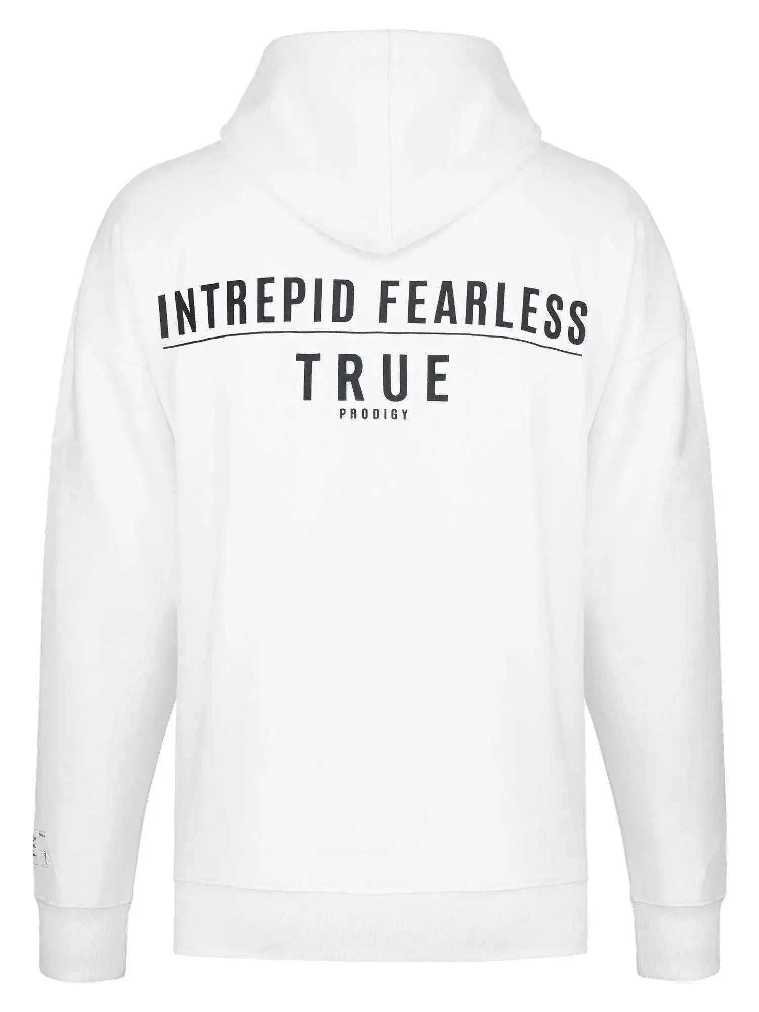 Die Rückseite des Aaren Oversized Hoodie von trueprodigy ziert ein kräftiger schwarzer „INTREPID FEARLESS TRUE PRODIGY“-Aufdruck, der den charakteristischen Stil der Marke verkörpert.