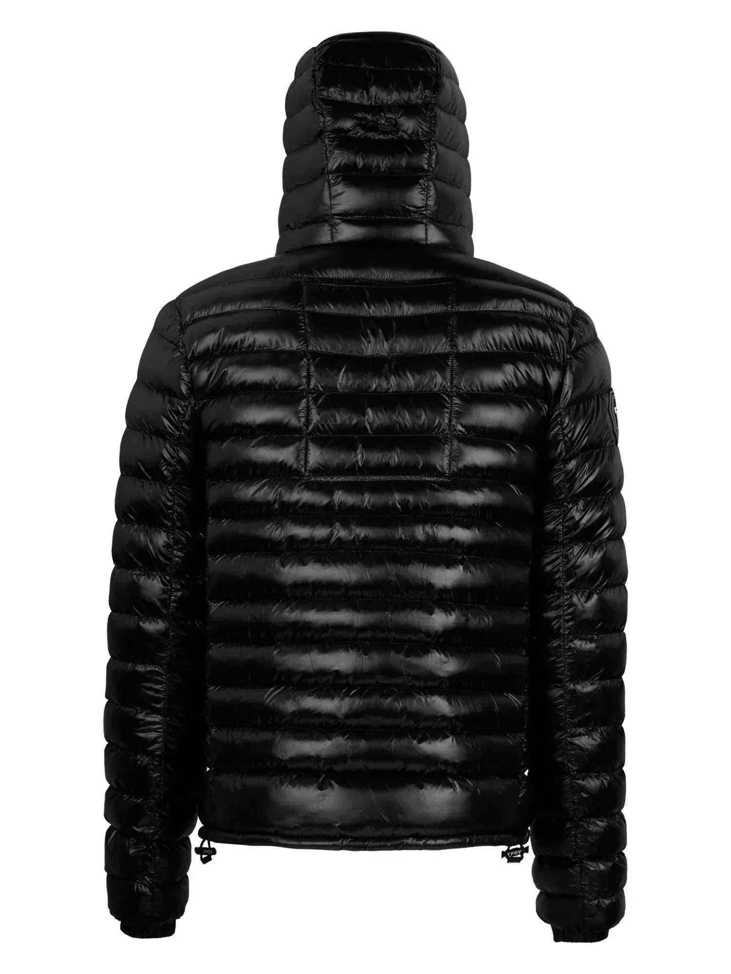 Die Adan F Steppjacke mit Kapuze von trueprodigy wird von hinten gezeigt und zeichnet sich durch horizontale Steppabschnitte, einen hohen Kragen und einen leichten Glanz des wasserabweisenden Materials aus.