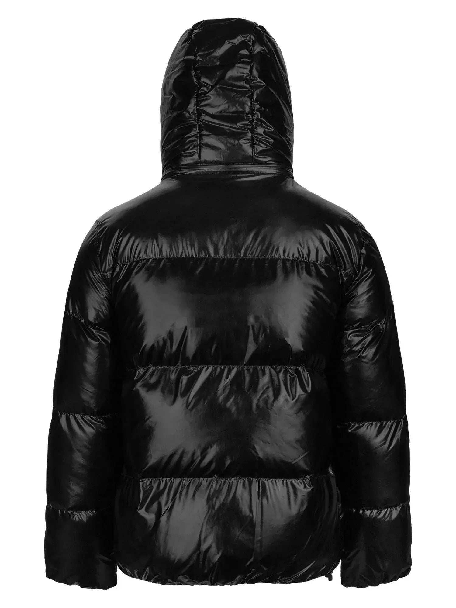 TRUEPRODIGY constance schwarze Pufferjacke mit glänzendem Finish, Kapuze, gestepptem Design, Rückansicht. Ideal für modische Winterkleidung, urbaner Stil. Hochwertige, warme Materialien. Perfekt für kalte Temperaturen.
