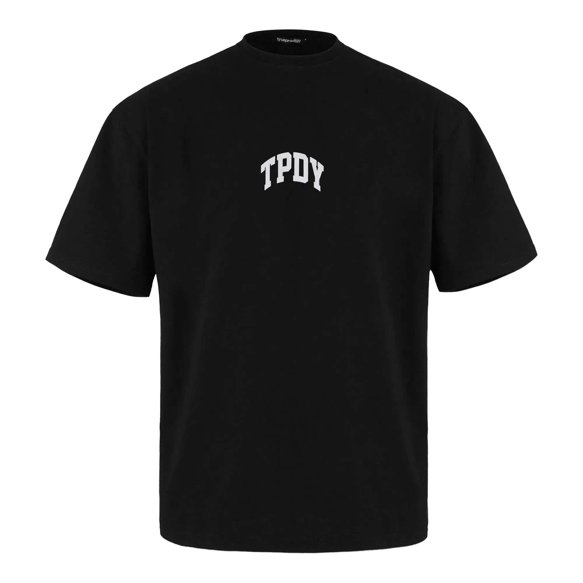 Das Elijah Oversized T-Shirt mit Druck von trueprodigy ist ein übergroßes schwarzes Unisex-T-Shirt aus schwerem Jerseystoff mit kurzen Ärmeln und „TPDY“ in Weiß auf der Brust für einen mutigen Touch.