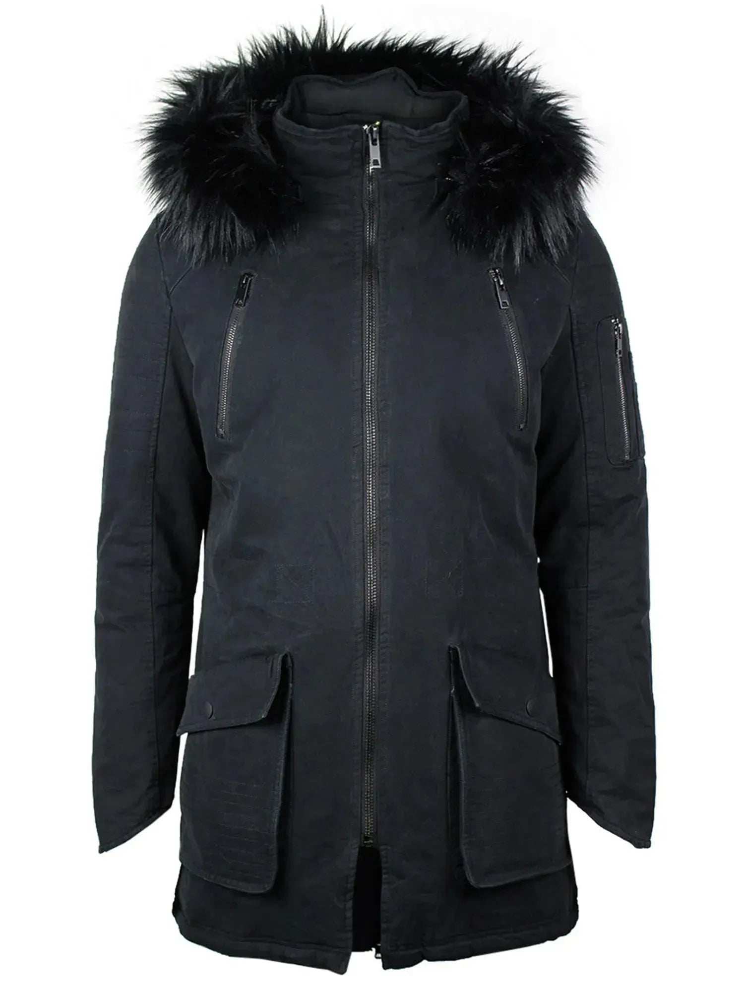 Der Harvey F Damenparka von trueprodigy in Schwarz hat eine Kapuze mit Kunstfellfutter, einen Reißverschluss vorne, zwei Brusttaschen mit Reißverschluss und zwei Pattentaschen an der Taille. Diese Jacke ist auf Einfachheit und Funktionalität bei kaltem Wetter ausgelegt.