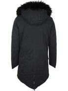 Der Damenparka Harvey F von trueprodigy wird von hinten präsentiert und zeigt seinen charakteristischen Stil mit einer pelzgefütterten Kapuze und einem Fischschwanzsaum aus dickem, warmem Stoff, ideal für kaltes Wetter.