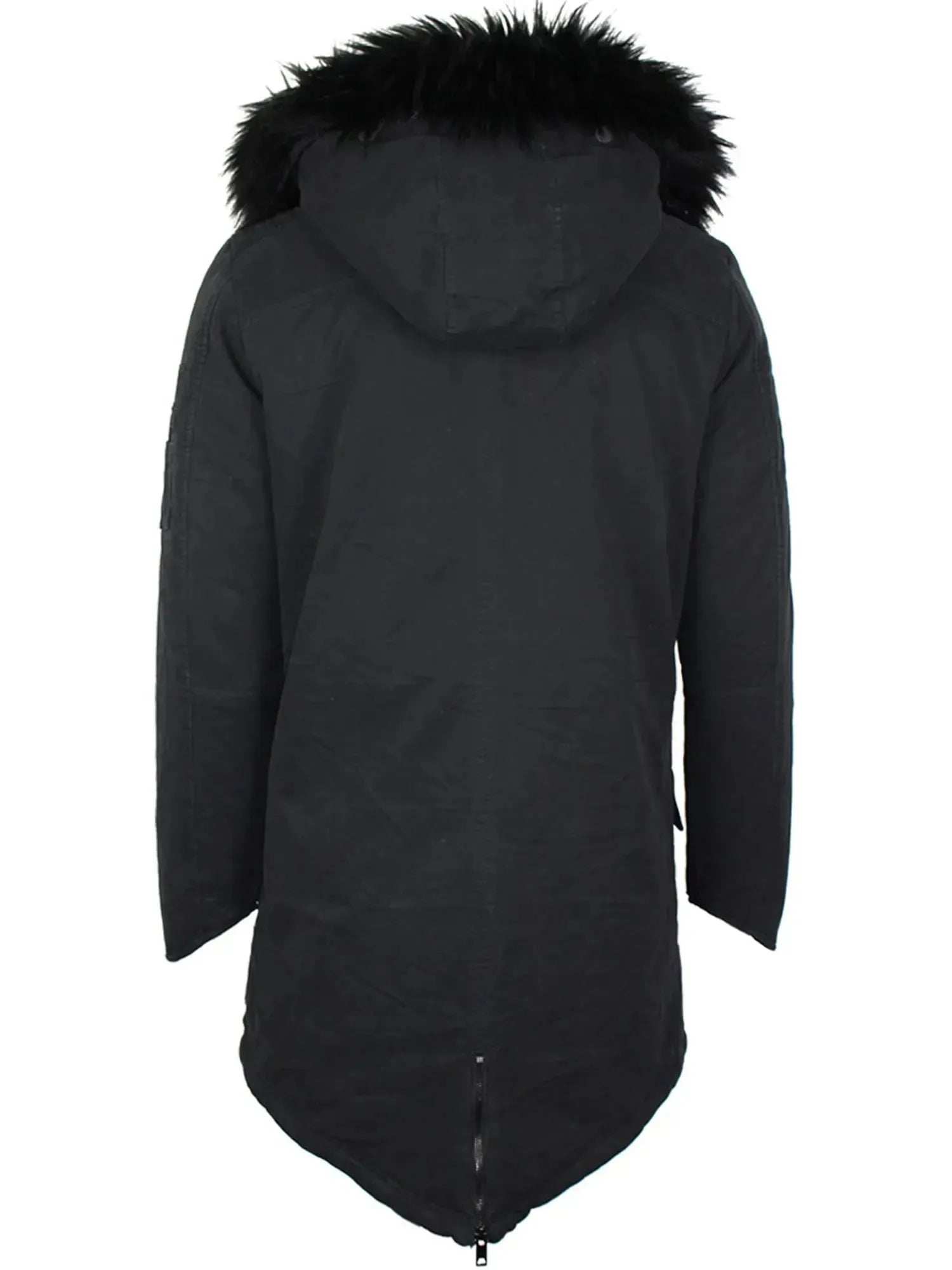 Der Damenparka Harvey F von trueprodigy wird von hinten präsentiert und zeigt seinen charakteristischen Stil mit einer pelzgefütterten Kapuze und einem Fischschwanzsaum aus dickem, warmem Stoff, ideal für kaltes Wetter.