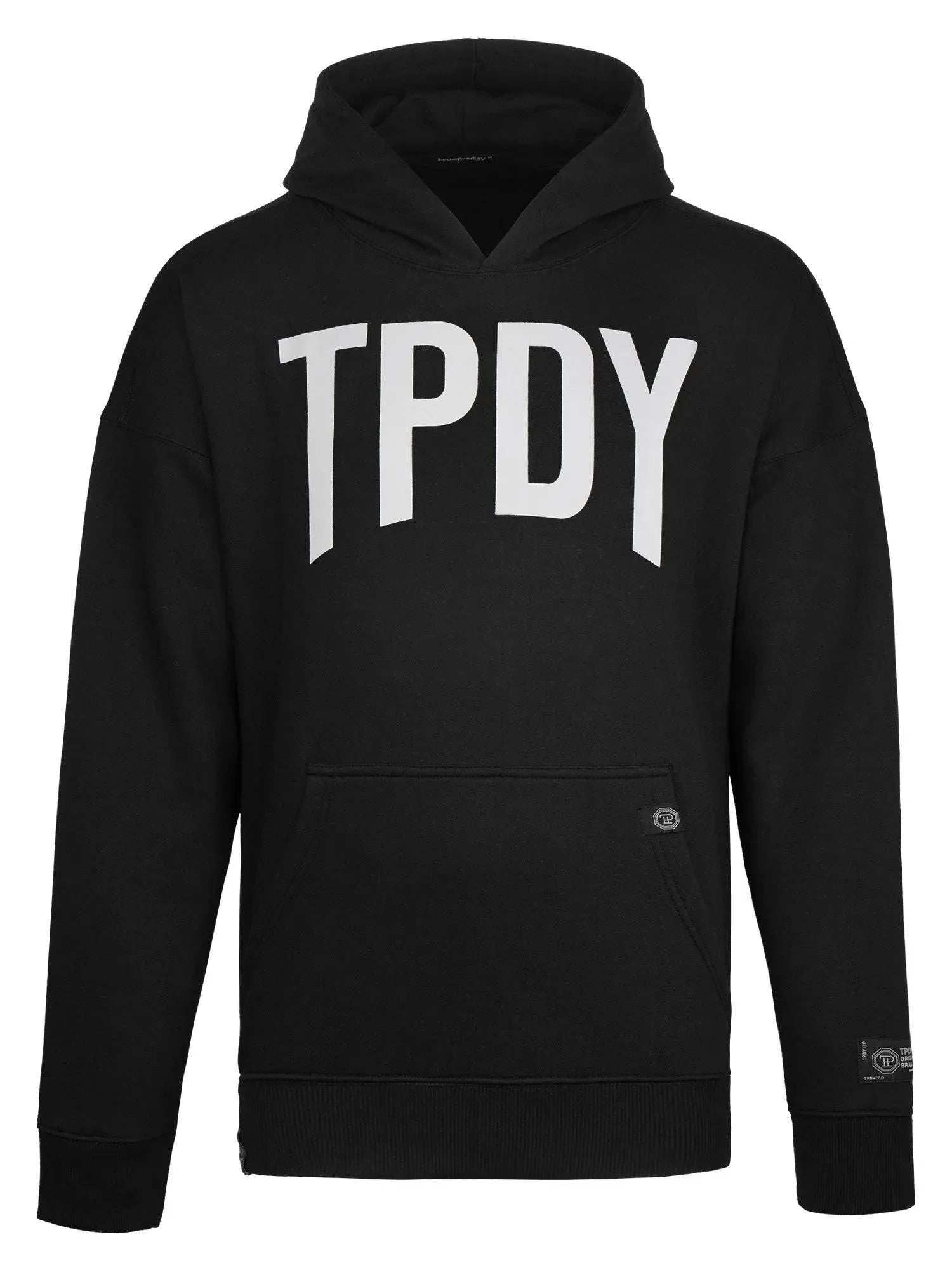Der Janne Oversized Hoodie von trueprodigy ist ein schwarzes Unisex-Sweatshirt mit einer Fronttasche und dem Aufdruck „TPDY“ quer über der Brust, abgerundet durch das unverwechselbare trueprodigy-Logo.