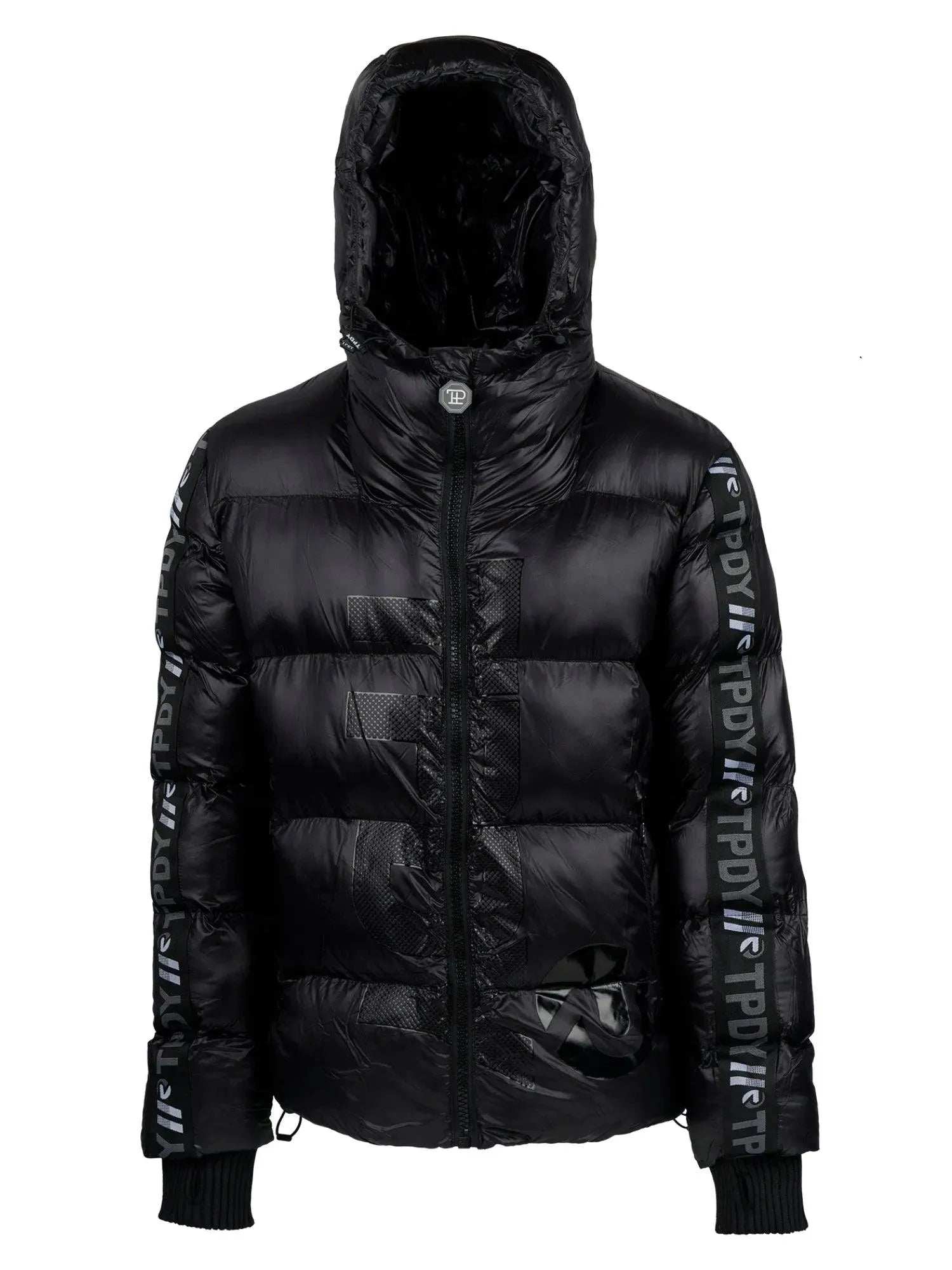 Die Logan Pufferjacke mit Logo von trueprodigy ist eine schwarze, glänzende Daunenjacke mit Kapuze, Frontreißverschluss und gerippten Bündchen. Fettgedruckte Text- und Logodesigns an Ärmeln und Vorderseite verleihen dieser Wattierte Jacke eine unverwechselbare Grafik.