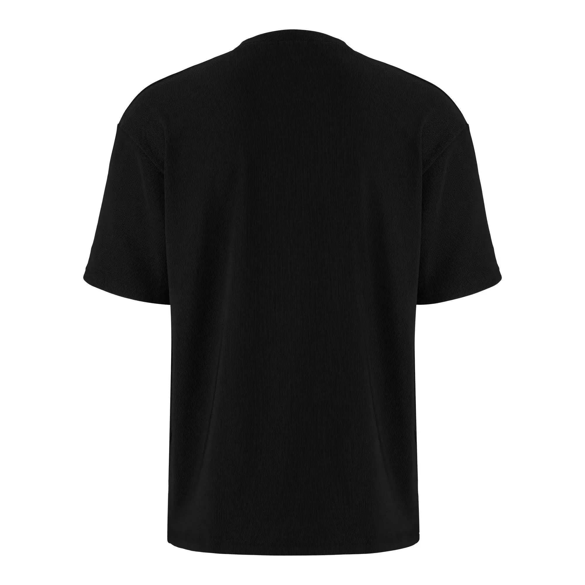 Das Mateo Oversized T-Shirt mit Stickerei von trueprodigy wird von hinten gezeigt und verfügt über kurze Ärmel und einen Rundhalsausschnitt vor einem weißen Hintergrund.