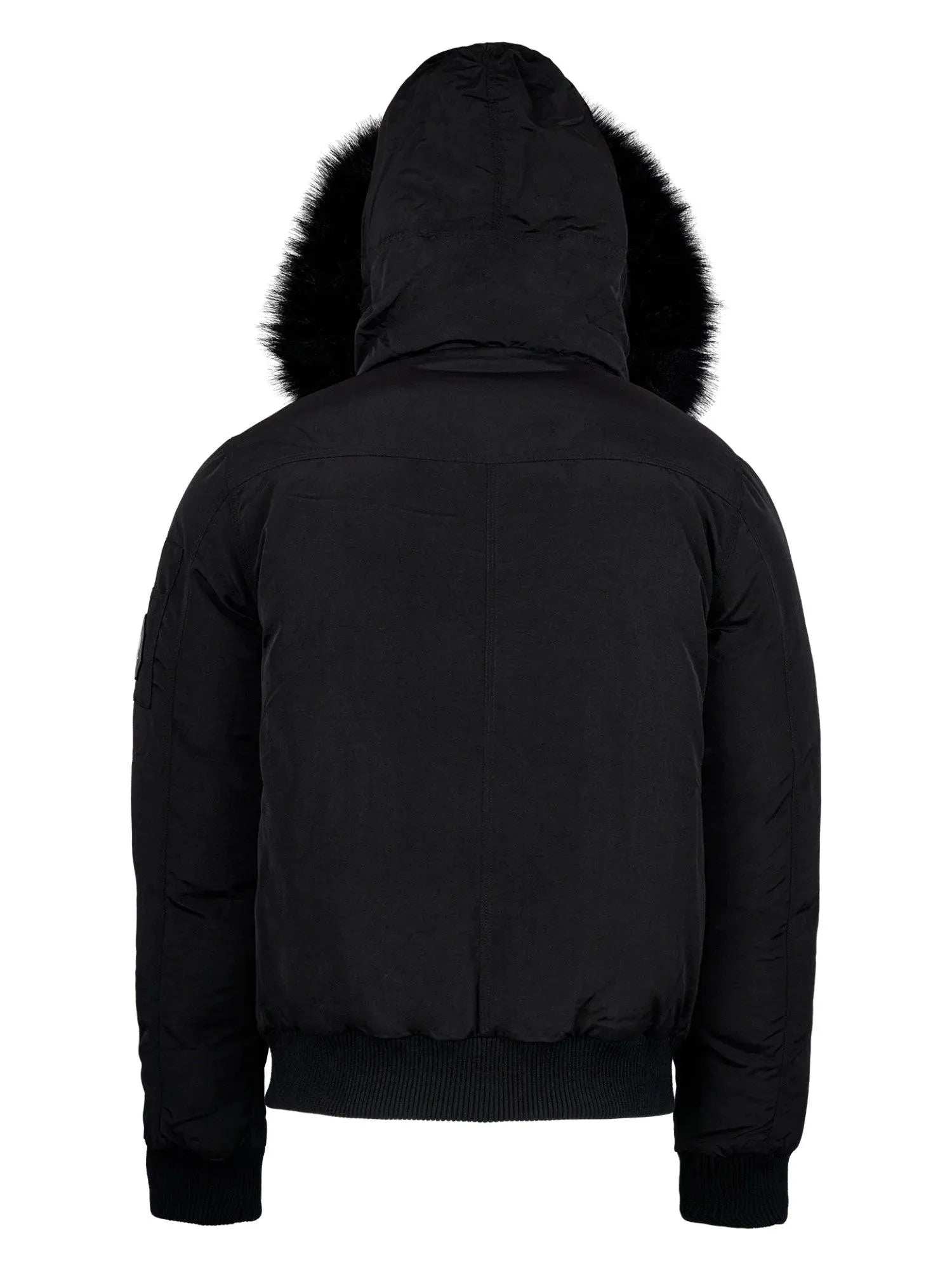 Der Noah Winterparka von trueprodigy ist von hinten abgebildet. Er ist schwarz mit Kapuze und einem dunklen Kunstfellbesatz. Diese Bomberjacke hat einen gerippten Saum und scheint gesteppt zu sein, um warm zu halten.